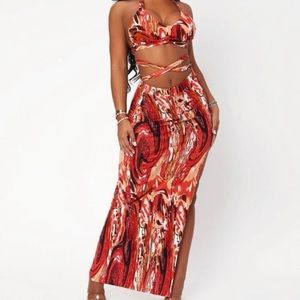 Orange/red abstract two piece skirt set
